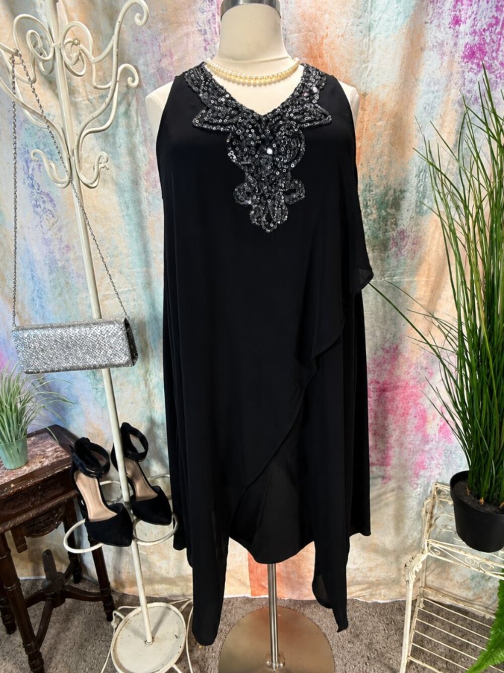 📌OCSTRADE Chiffon Overlay Sequins Flowy Cocktail  Midi Asymmetric Hem Dress
